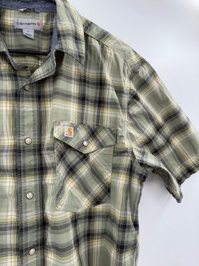 Carhartt Olive and Black Plaid Short-Sleeve Pearl Snap Button-Up Shirt Size L